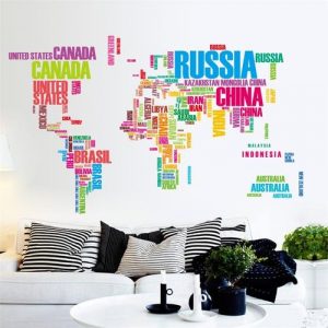 Large World Map Wall Stickers, Creative Letters Map Wall