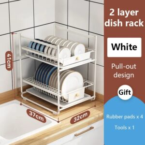 2 Tier Pull-Out Kitchen Dish Rack – white