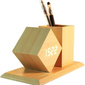 Wooden Digital Alarm Clock And Pen Holder