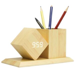 Wooden Digital Alarm Clock And Pen Holder