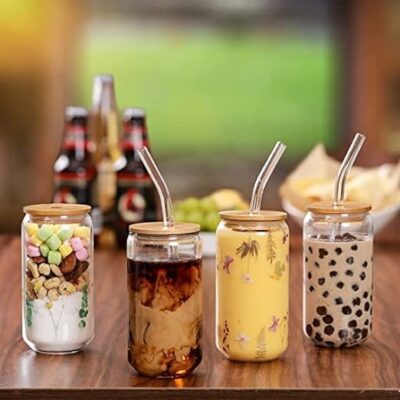 500ml Round Glass Cup With Bamboo Lid And Straw - Image 2