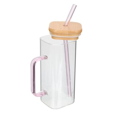 400ml Square Glass Cup With Lid And Straw - Image 3