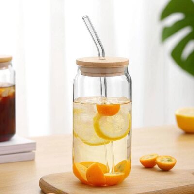 500ml Round Glass Cup With Bamboo Lid And Straw - Image 10