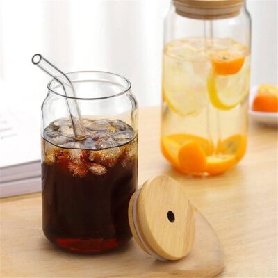 500ml Round Glass Cup With Bamboo Lid And Straw - Image 3