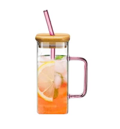 400ml Square Glass Cup With Lid And Straw - Image 4