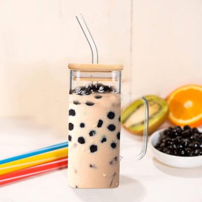 400ml Square Glass Cup With Lid And Straw - Image 5