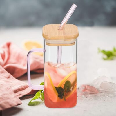 400ml Square Glass Cup With Lid And Straw - Image 6