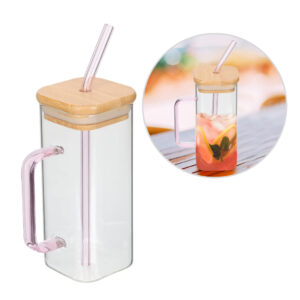 400ml Square Glass Cup With Lid And Straw