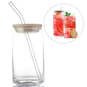 500ml Round Glass Cup With Bamboo Lid And Straw