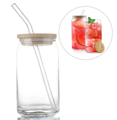 500ml Round Glass Cup With Bamboo Lid And Straw