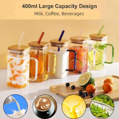 400ml Square Glass Cup With Lid And Straw - Image 8