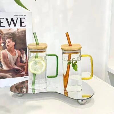 400ml Square Glass Cup With Lid And Straw - Image 13