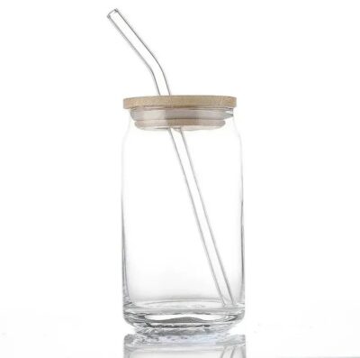 500ml Round Glass Cup With Bamboo Lid And Straw - Image 4