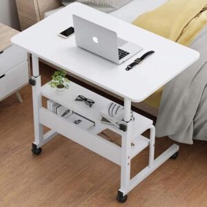 80cm Laptop Table Wheels and Middle Shelf White