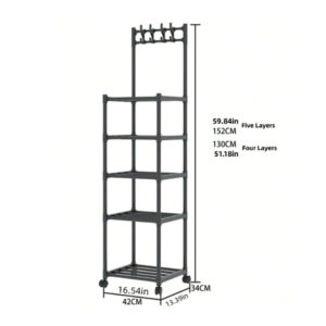 5 Tier Storage Rack with Hooks & Swivel Wheels