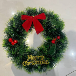 Merry Christmas Green Shrub Red Ribbon Wreath