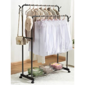 Double Rail Cloth Hanger With Storage Base and Wheels